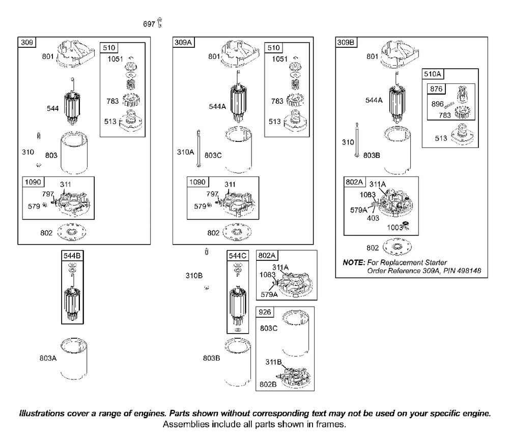 Electric Starter Diagram and Parts List for 42D707-1834-XX  Briggs and Stratton Engine